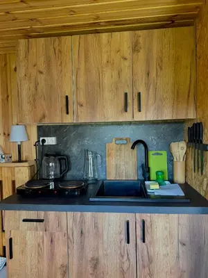 a small room with a kitchen and a bunk bed at Tiny House by the river in Litoměřice