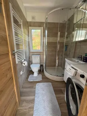 a bathroom with a toilet and a shower and a sink at Domky Slapy pod golfem in Slapy