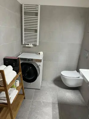 a bathroom with a washing machine and a toilet at Prague Airport Family Lodging in Tuchoměřice
