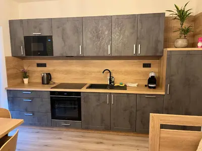 a kitchen with gray cabinets and a sink at Prague Airport Family Lodging in Tuchoměřice
