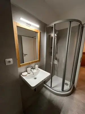 a bathroom with a sink and a shower at Prague Airport Family Lodging in Tuchoměřice