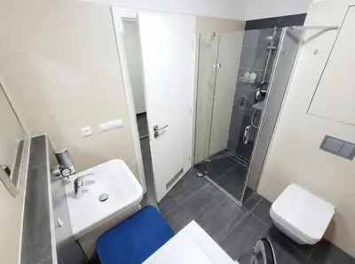 a bathroom with a shower and a sink and a toilet at Karlin Executive - Standing Desk, Monitor & Garage in Prague