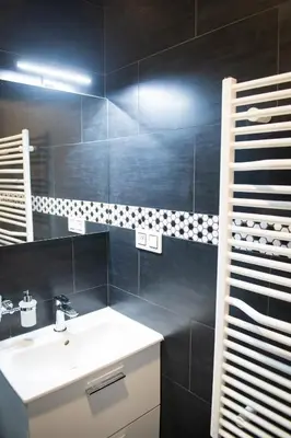 a bathroom with a sink and a mirror at Apartment Spalená in Prague