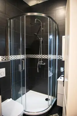 a bathroom with a shower with a toilet and a sink at Apartment Spalená in Prague