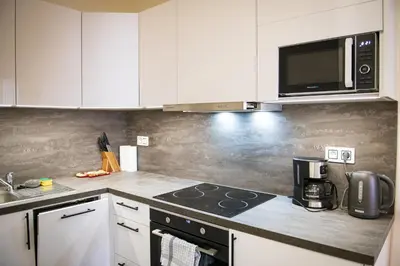 a kitchen with a stove and a microwave at Apartment Spalená in Prague
