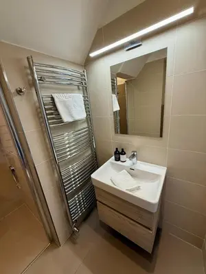 a bathroom with a sink and a shower at Family Villa Hanspaulka in Prague