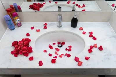a bathroom sink with red roses on a counter at Golden Cat Suite in Prague