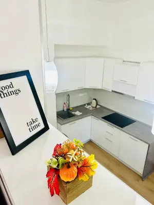 a small kitchen with a bowl of flowers on a counter at A newly renovated Apartment the heart of Prague in Prague