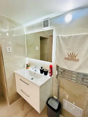a bathroom with a white sink and a mirror at A newly renovated Apartment the heart of Prague in Prague