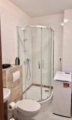 a bathroom with a shower with a toilet and a sink at Apartmnet near IP Pavlova in Prague