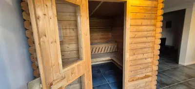 an empty sauna in a wooden cabinet in a house at Private House with Sauna, Jacuzzi and Hawaiian Hothouse Spa in Velvary