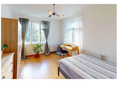 a bedroom with a bed and a desk and windows at Private House with Sauna, Jacuzzi and Hawaiian Hothouse Spa in Velvary
