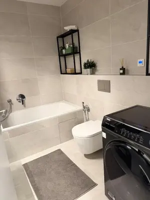 a bathroom with a toilet and a sink and a washing machine at Prague's Bohemian Grey in Prague