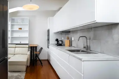 a kitchen with white cabinets and a sink at Home for Successful Businessman in Prague