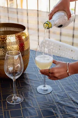a person pouring a glass of wine on a table at Royal Elephant Residence in Prague