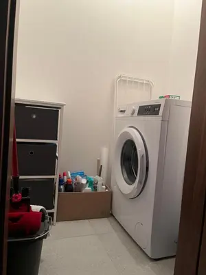 a white washing machine in a room with a shelf at Apartment with Terrace in Prague in Prague