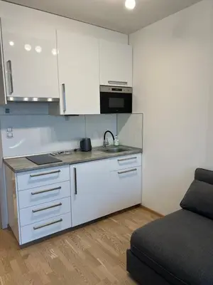 a kitchen with white cabinets and a sink and a couch at New brand studio in Prag with parking in Prague