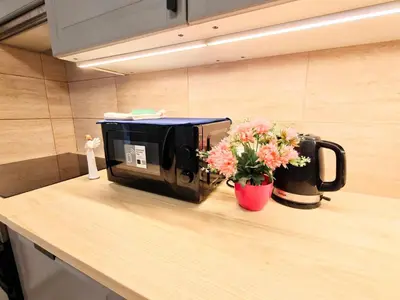 a kitchen counter with a toaster and flowers on a counter at Comfy place in Prague