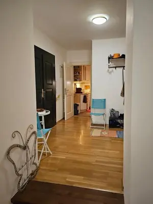 a living room with a wooden floor and a black door at 2 min Center Just In, Old Town Walk private room C in Prague