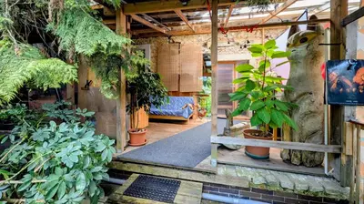 a garden with potted plants in a room at Very old house Ptice in Ptice