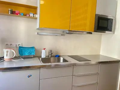 a kitchen with a sink and a microwave at Prague apartment in Centre city in Prague