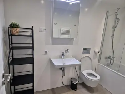 a bathroom with a sink and a toilet at Smichov Luxury Apartments Residence Madeleine in Prague