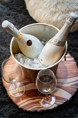 a bottle of champagne in a bucket with two wine glasses at Bright Bohemian River in Prague