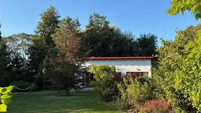 a house in the middle of a yard with trees at Home apartment Konopiště