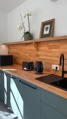 a kitchen with a counter top with a sink at Home apartment Konopiště