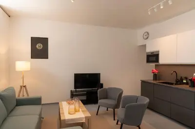 a living room with a couch and a table at New spacious apartment for 6 people, direct entrance in Prague