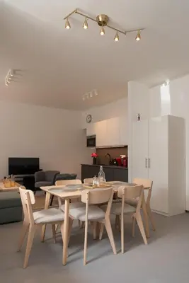a dining room with a table and chairs and a kitchen at New spacious apartment for 6 people, direct entrance in Prague