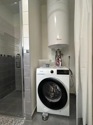 a washer and dryer in a bathroom with a shower at Holiday Home Prague Šeberov in Prague