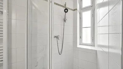 a shower in a white bathroom with a window at Stylish Apartment near Wenceslas Square in Prague