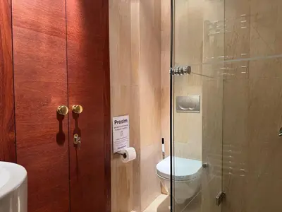 a bathroom with a toilet and a glass shower at Historic Arch Apartment - Karlova Street in Prague