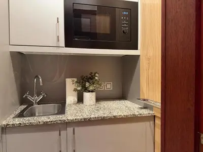 a kitchen with a sink and a microwave at Historic Arch Apartment - Karlova Street in Prague