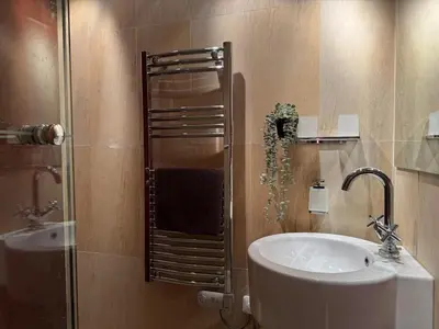 a bathroom with a sink and a shower at Historic Arch Apartment - Karlova Street in Prague