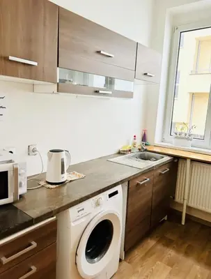 a kitchen with a washing machine and a sink at Levné ubytování in Prague