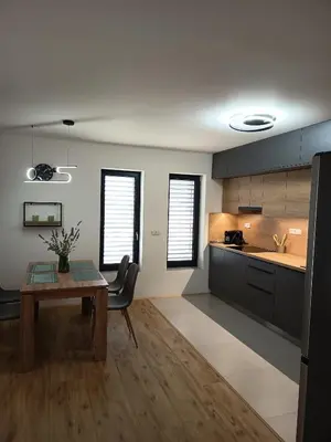 a living room with a table and a kitchen at Apartmány MB JARO Mladá Boleslav in Bradlec