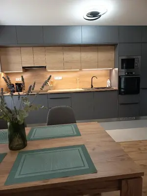 a kitchen with a table with a vase of flowers at Apartmány MB JARO Mladá Boleslav in Bradlec
