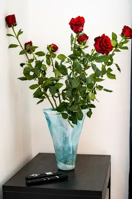 a vase with red roses in it on a table at Red Rose Residence in Prague