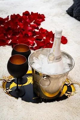a bottle of champagne in a bucket next to red roses at Red Rose Residence in Prague