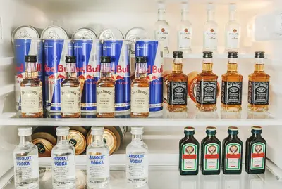 a refrigerator filled with lots of bottles of alcohol at VIPliving Houseboat in Prague