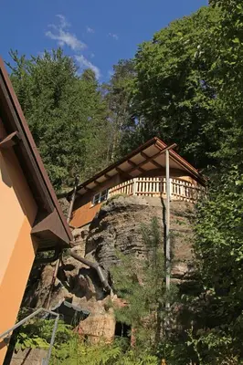 a house on top of a hill with trees at Malběnka - chata na skále pod hradem Kokořín in Kokořín