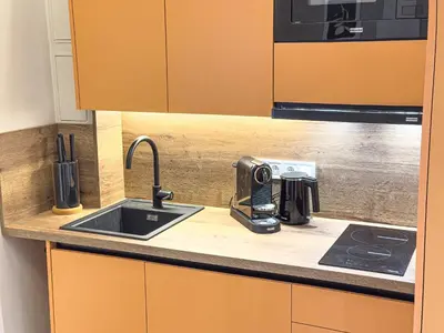 a kitchen counter with a sink and a coffee maker at New Modern Art Loft Apartment, City Center in Prague