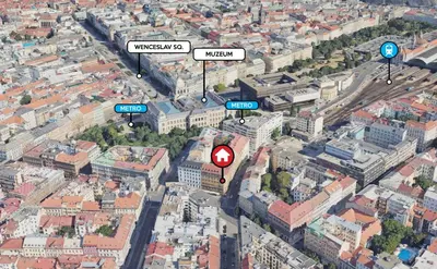 an overhead view of a city with buildings at New Modern Art Loft Apartment, City Center in Prague