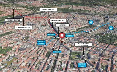 a map of a city with roads and buildings at New Modern Art Loft Apartment, City Center in Prague