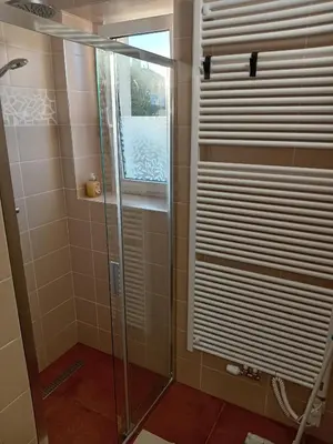 a shower with a glass door in a bathroom at Apartmán Na Leštině in Příbram
