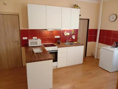 a small kitchen with white cabinets and a microwave at Apartmán Na Leštině in Příbram