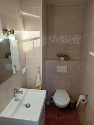 a bathroom with a white sink and a toilet at Apartmán Na Leštině in Příbram