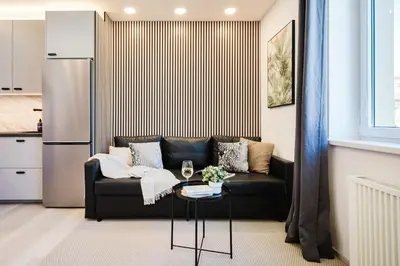 a living room with a black couch and a table at Prague Days - Studio near Vyšehrad with Netflix and 250Mbs WiFi in Nusle in Prague